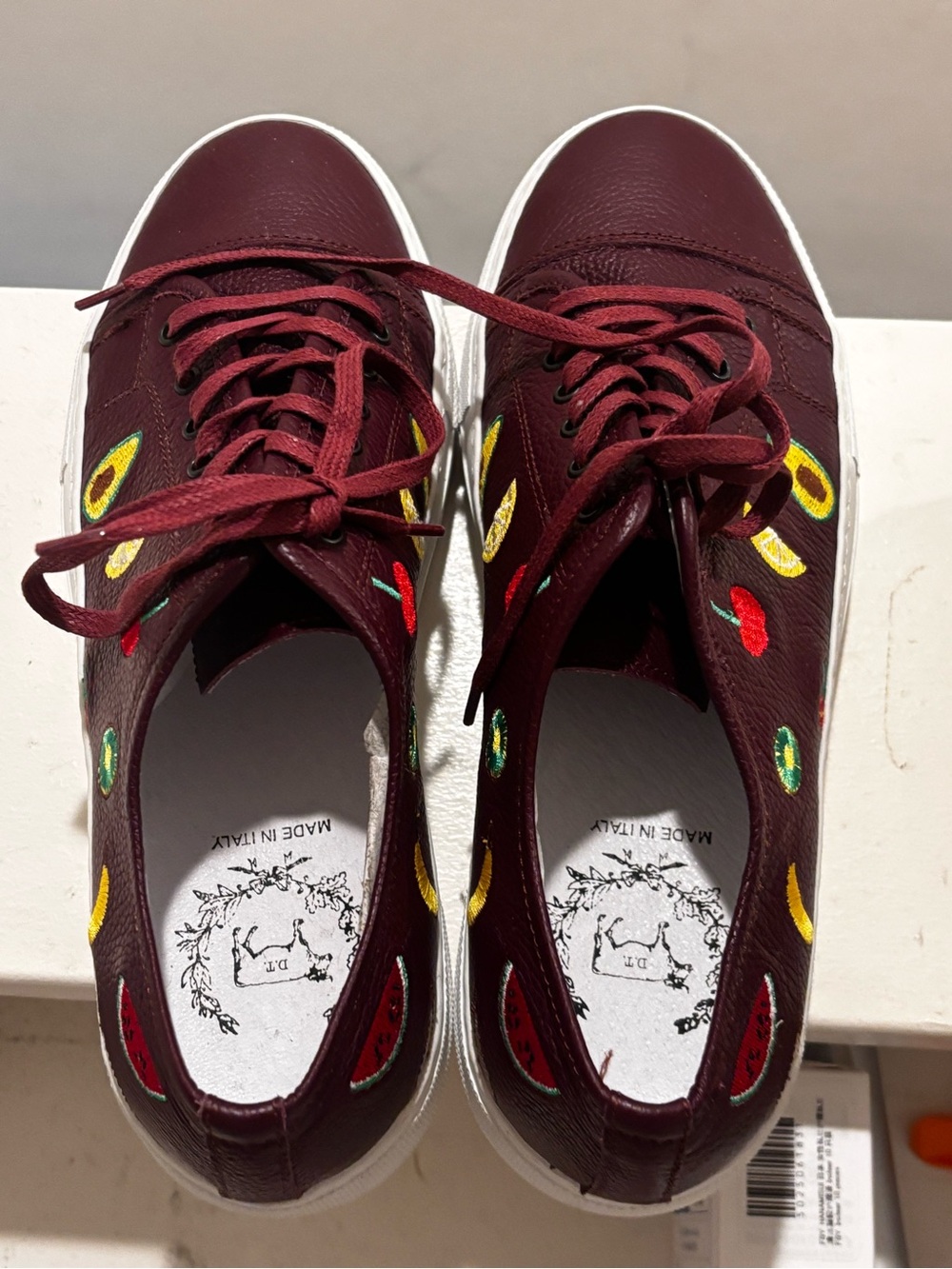 DEL TORO Italy Burgundy Leather Fruit Embroidered Velvet Loafers - Size 7 (Fits